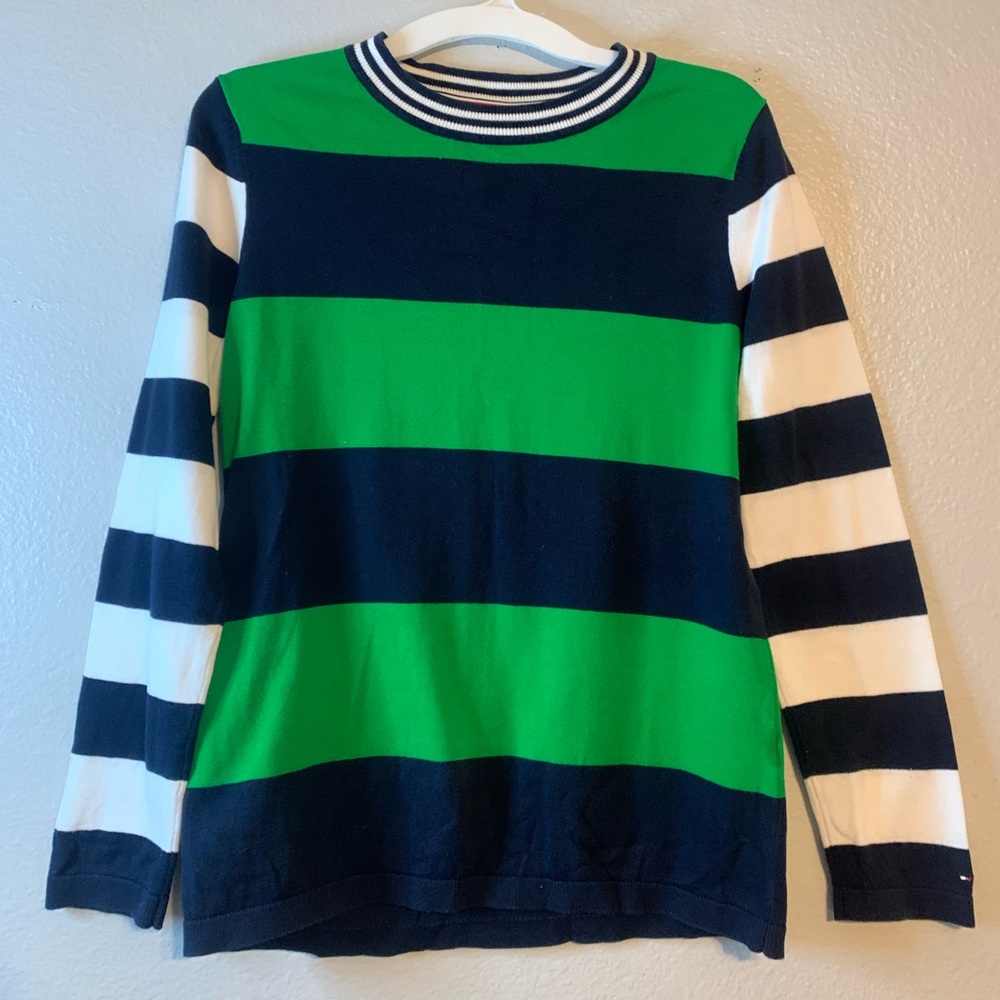 Tommy Hilfiger Women’s Colorblock Green & Navy Blue Striped Sweater. Size S-M